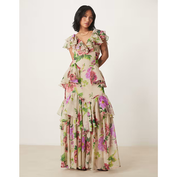 Scoop Neck Flutter Ruffle Tiered Midaxi Dress - Picture 1 of 3